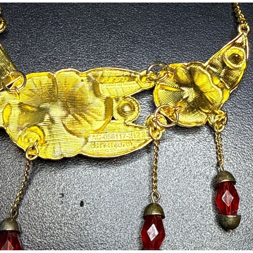 Disney Store London Gold Tone Beauty And The Beast Necklace Red Gems AB Crystals